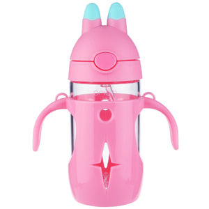 Origin Kids Glass Water Bottle Leak-Proof Flip Cap Lid w/ Protective Plastic Bunny Rabbit Sippy Cup Body with Handles and Silicone Straw | 10 oz
