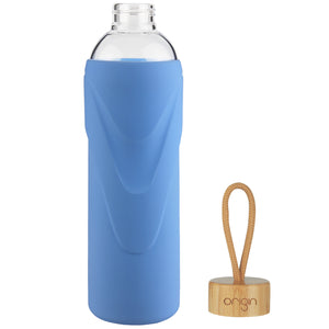 ORIGIN - Narrow Mouth Glass Water Bottle with Protective Silicone Sleeve and Bamboo Lid - Dishwasher Safe