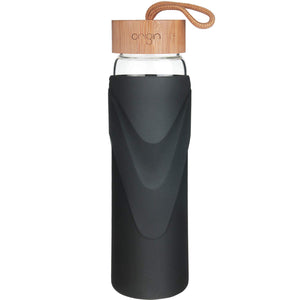 ORIGIN - WIDEMOUTH Glass Water Bottle With Protective Silicone Sleeve and Bamboo Lid - Dishwasher Safe