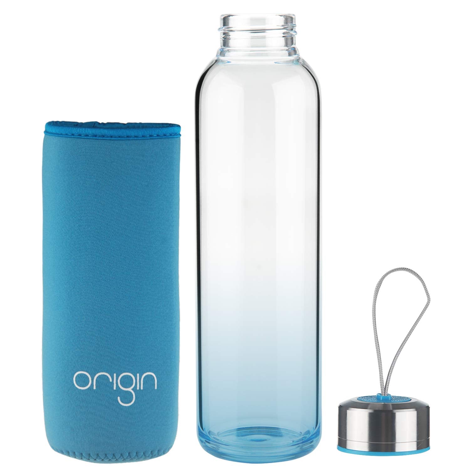 ORIGIN 100% Borosilicate Glass Water Bottle With Protective Neoprene Sleeve and Leak-Proof Stainless Steel Lid | Dishwasher Safe