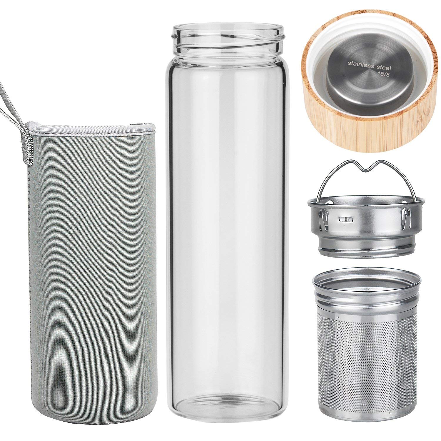 ORIGIN Fruit and Tea Infuser Borosilicate Glass Water Bottle with Neoprene Sleeve and Bamboo Lid, Double Mesh Filter, Travel Tumbler 20oz