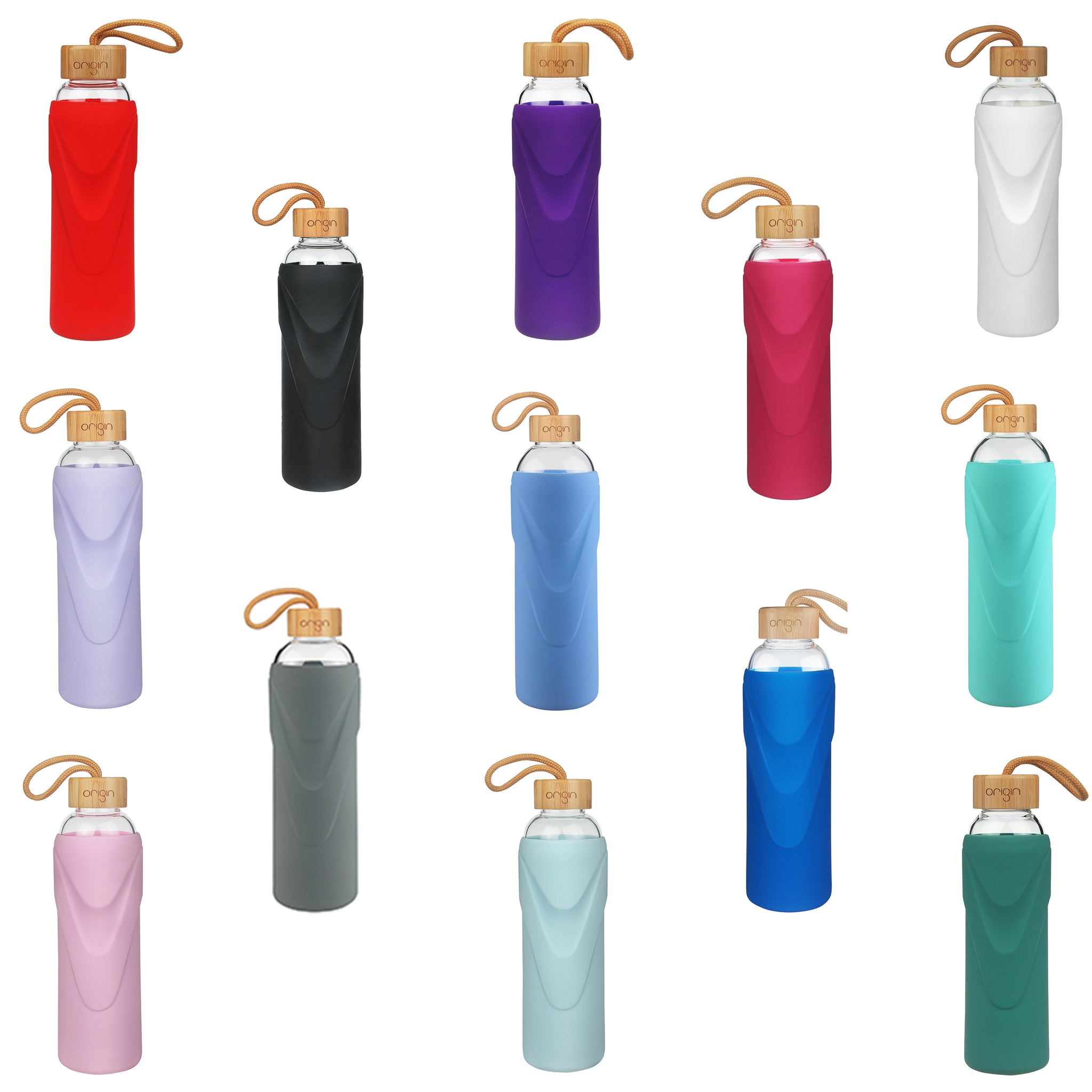 ORIGIN - Narrow Mouth Glass Water Bottle with Protective Silicone Sleeve and Bamboo Lid - Dishwasher Safe