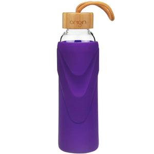 ORIGIN - Narrow Mouth Glass Water Bottle with Protective Silicone Sleeve and Bamboo Lid - Dishwasher Safe