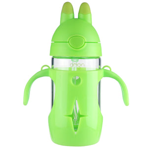Origin Kids Glass Water Bottle Leak-Proof Flip Cap Lid w/ Protective Plastic Bunny Rabbit Sippy Cup Body with Handles and Silicone Straw | 10 oz