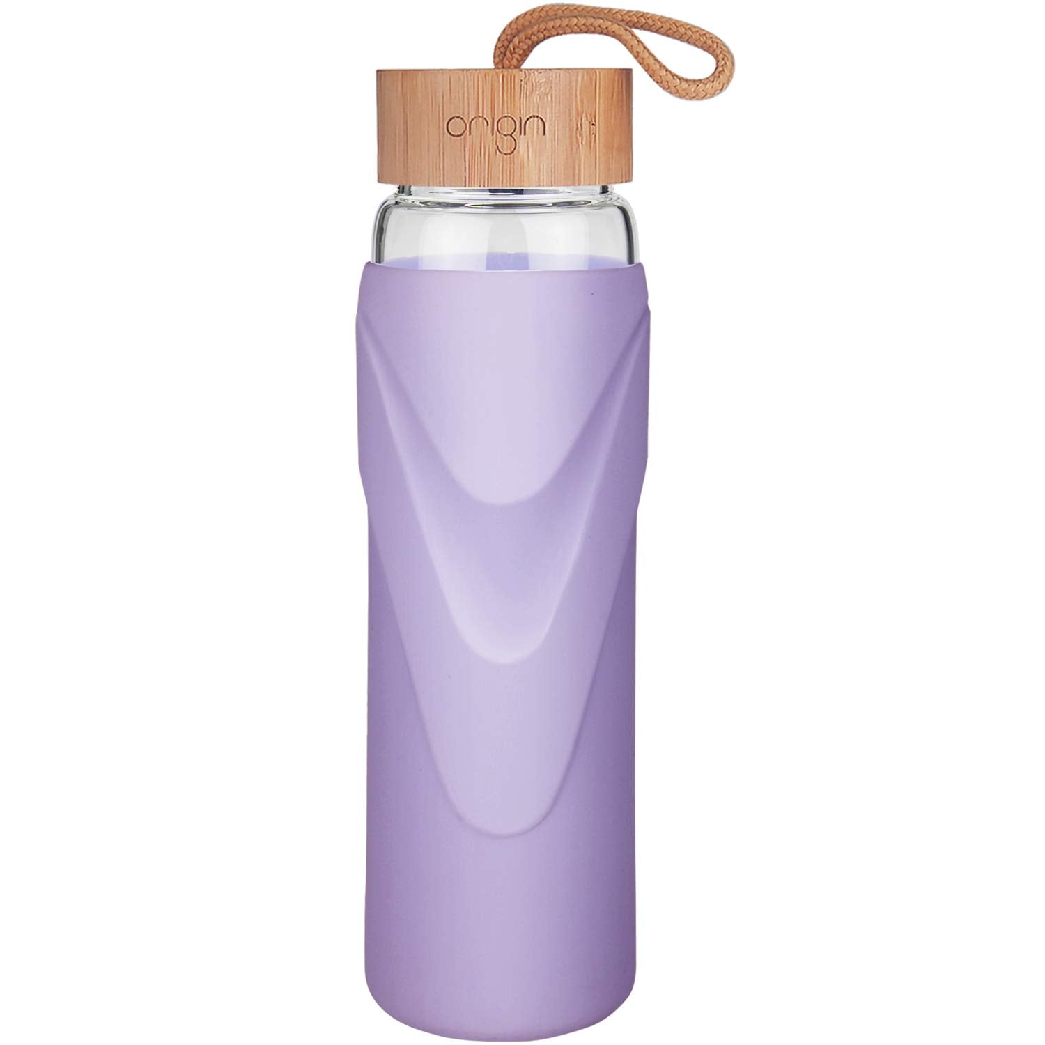 ORIGIN - Narrow Mouth Glass Water Bottle with Protective Silicone Sleeve  and Bamboo Lid - Dishwasher Safe
