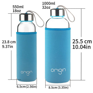 ORIGIN 100% Borosilicate Glass Water Bottle With Protective Neoprene Sleeve and Leak-Proof Stainless Steel Lid | Dishwasher Safe
