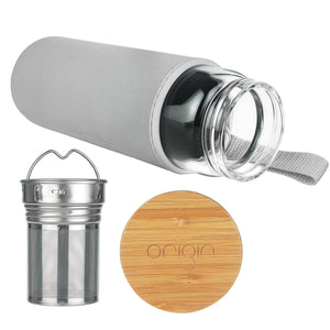 ORIGIN Fruit and Tea Infuser Borosilicate Glass Water Bottle with Neoprene Sleeve and Bamboo Lid, Double Mesh Filter, Travel Tumbler 20oz
